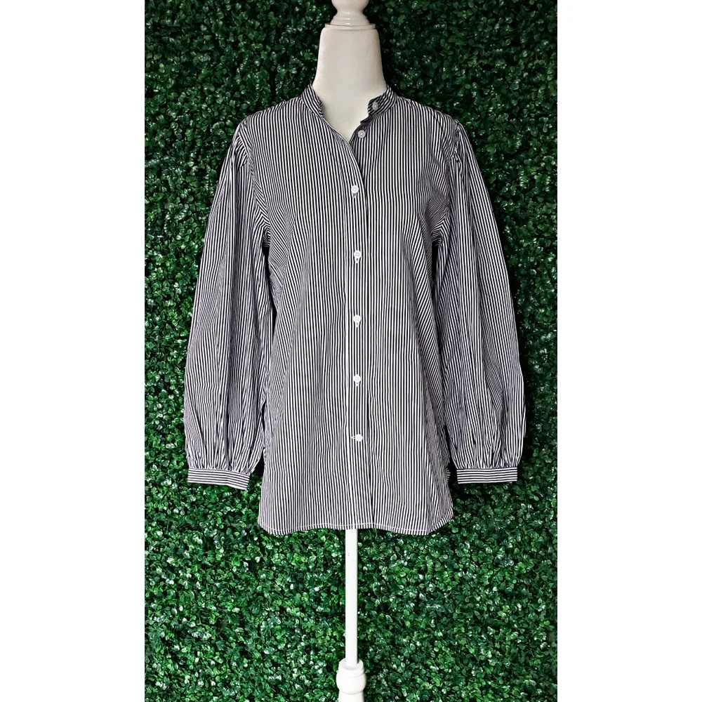 31. J.Crew Classic-fit collarless puff-sleeve shirt in stripe - Picture 2 of 6